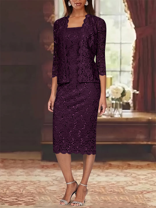 Sheath/Column 2 Pieces Scoop Lace Mother of the Bride Dresses with Jacket 3/4 Sleeves Knee-Length