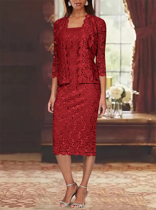 Sheath/Column 2 Pieces Scoop Lace Mother of the Bride Dresses with Jacket 3/4 Sleeves Knee-Length