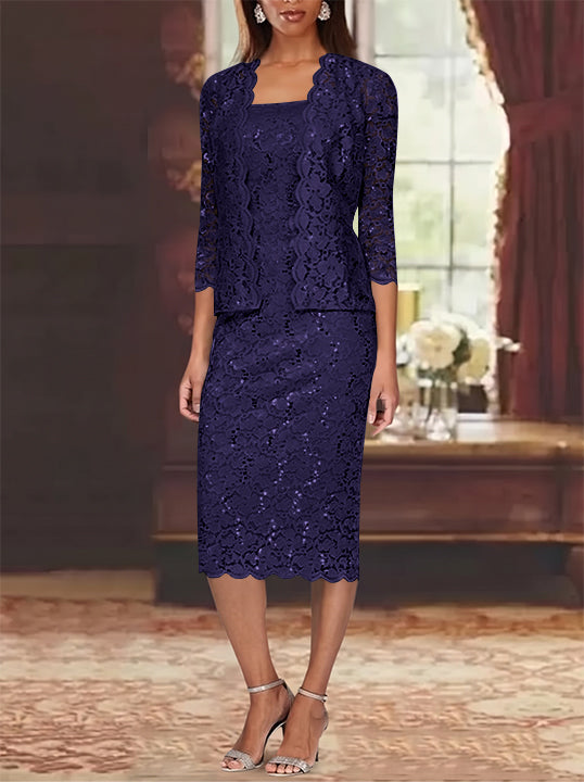 Sheath/Column 2 Pieces Scoop Lace Mother of the Bride Dresses with Jacket 3/4 Sleeves Knee-Length