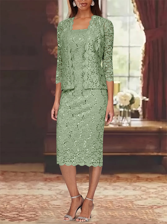 Sheath/Column 2 Pieces Scoop Lace Mother of the Bride Dresses with Jacket 3/4 Sleeves Knee-Length