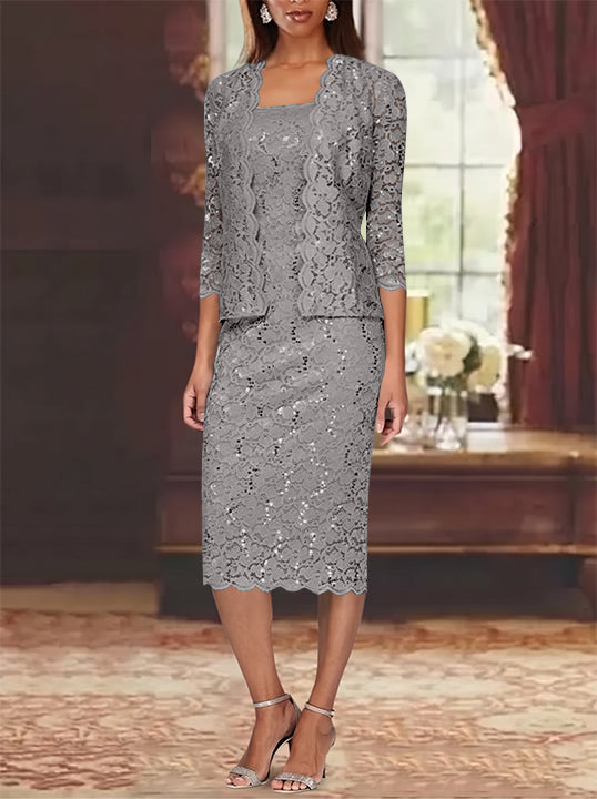 Sheath/Column 2 Pieces Scoop Lace Mother of the Bride Dresses with Jacket 3/4 Sleeves Knee-Length