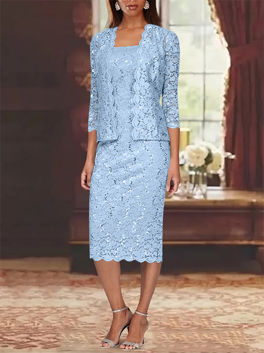 Sheath/Column 2 Pieces Scoop Lace Mother of the Bride Dresses with Jacket 3/4 Sleeves Knee-Length