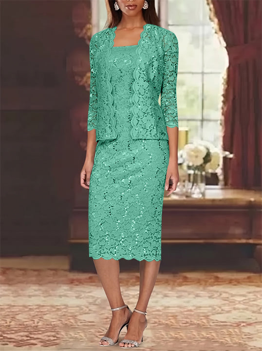 Sheath/Column 2 Pieces Scoop Lace Mother of the Bride Dresses with Jacket 3/4 Sleeves Knee-Length