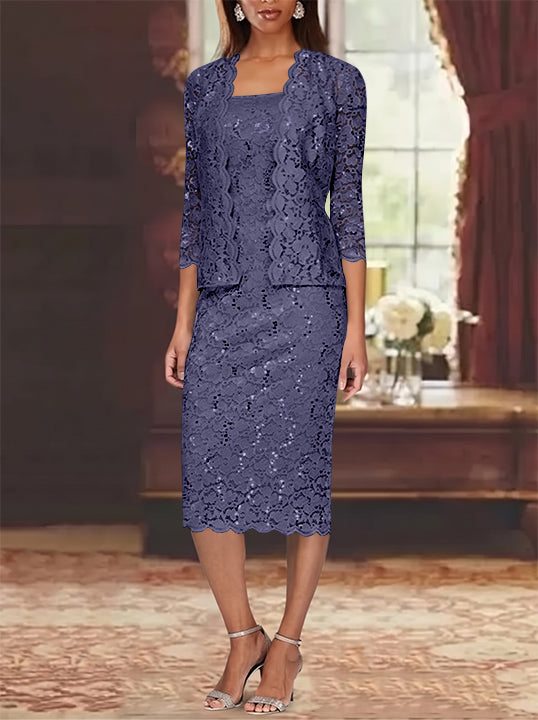 Sheath/Column 2 Pieces Scoop Lace Mother of the Bride Dresses with Jacket 3/4 Sleeves Knee-Length