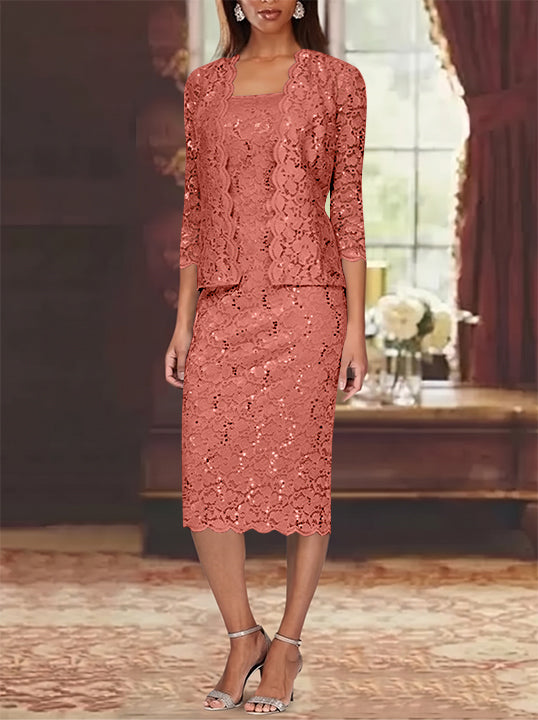 Sheath/Column 2 Pieces Scoop Lace Mother of the Bride Dresses with Jacket 3/4 Sleeves Knee-Length