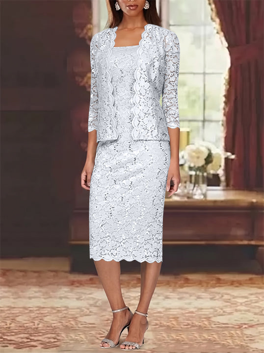Sheath/Column 2 Pieces Scoop Lace Mother of the Bride Dresses with Jacket 3/4 Sleeves Knee-Length