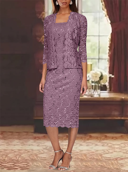 Sheath/Column 2 Pieces Scoop Lace Mother of the Bride Dresses with Jacket 3/4 Sleeves Knee-Length