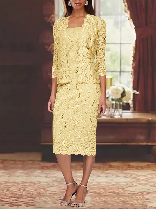 Sheath/Column 2 Pieces Scoop Lace Mother of the Bride Dresses with Jacket 3/4 Sleeves Knee-Length