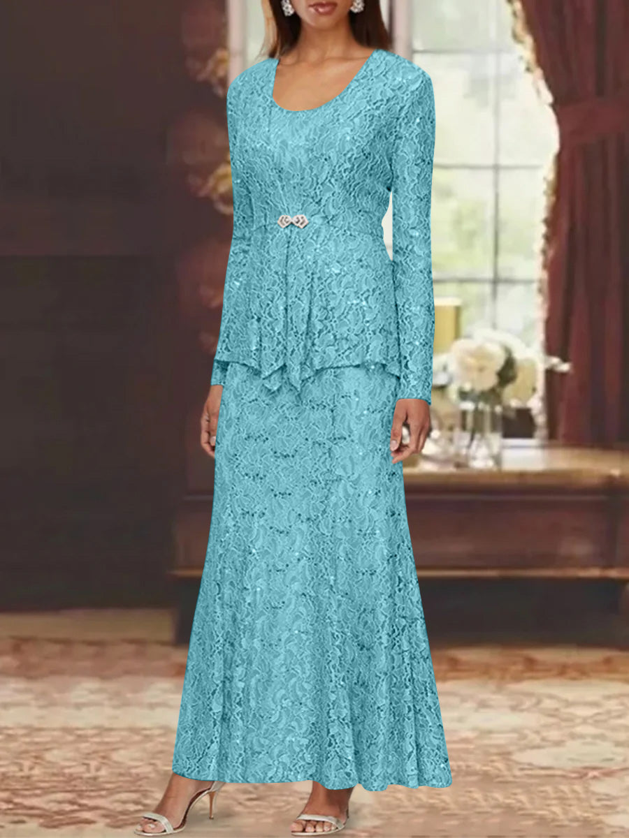 A-Line/Princess 2 Pieces Scoop Lace Mother of the Bride Dresses with Jacket Long Sleeves Ankle-Length