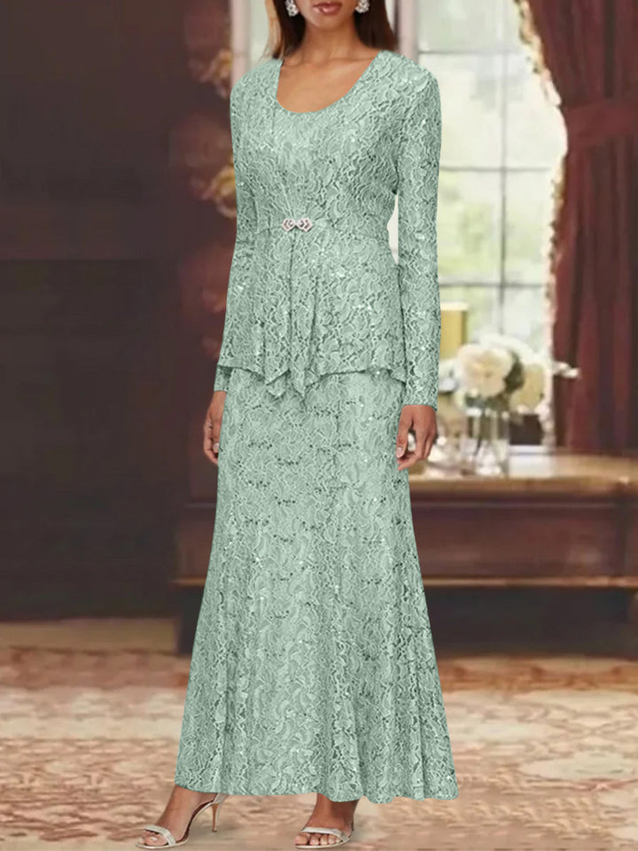 A-Line/Princess 2 Pieces Scoop Lace Mother of the Bride Dresses with Jacket Long Sleeves Ankle-Length