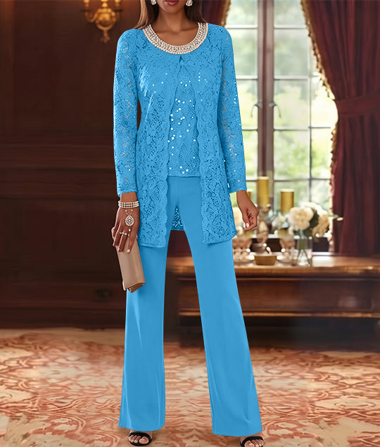 3 Pieces Chiffon Jewel Neck Mother of the Bride Pantsuits with Jacket Lace Ankle-Length Half Sleeves