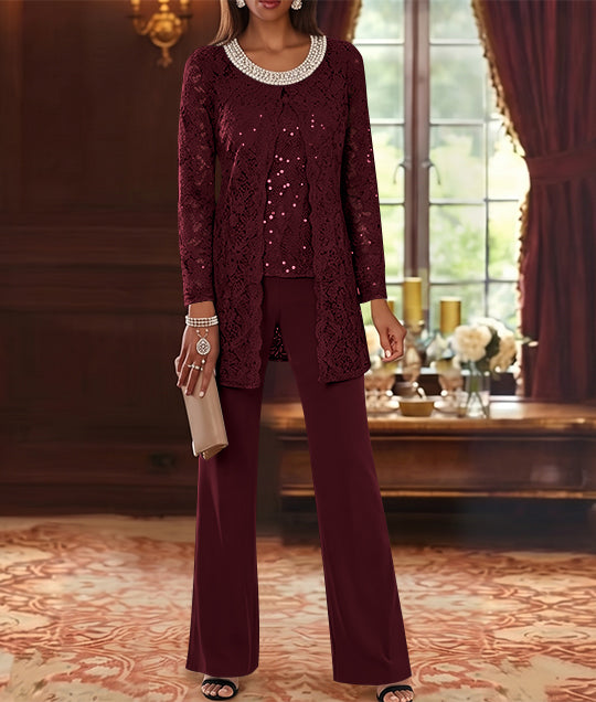 3 Pieces Chiffon Jewel Neck Mother of the Bride Pantsuits with Jacket Lace Ankle-Length Half Sleeves