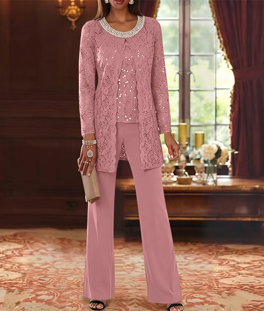 3 Pieces Chiffon Jewel Neck Mother of the Bride Pantsuits with Jacket Lace Ankle-Length Half Sleeves