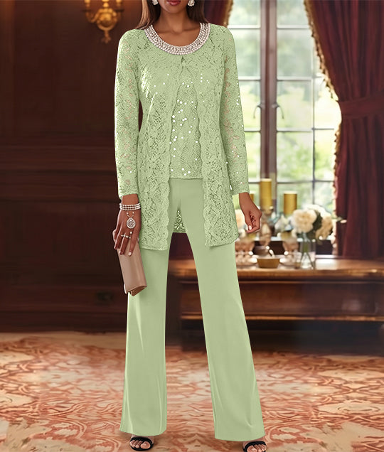 3 Pieces Chiffon Jewel Neck Mother of the Bride Pantsuits with Jacket Lace Ankle-Length Half Sleeves