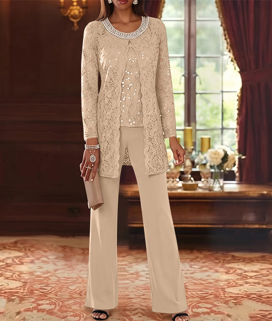 3 Pieces Chiffon Jewel Neck Mother of the Bride Pantsuits with Jacket Lace Ankle-Length Half Sleeves