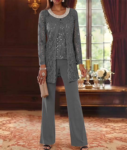 3 Pieces Chiffon Jewel Neck Mother of the Bride Pantsuits with Jacket Lace Ankle-Length Half Sleeves