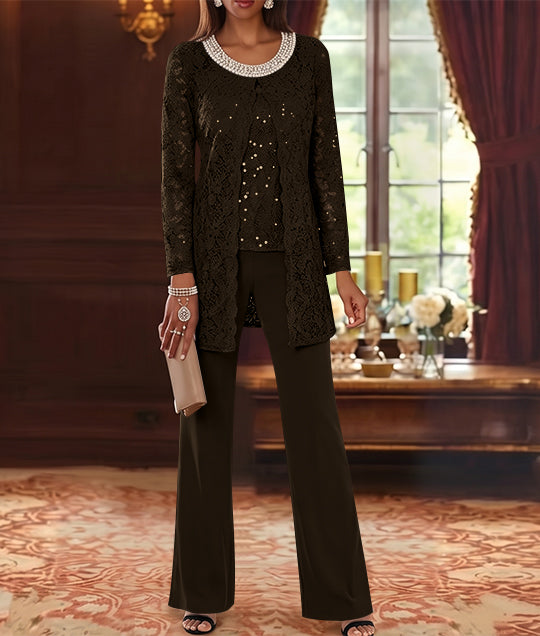 3 Pieces Chiffon Jewel Neck Mother of the Bride Pantsuits with Jacket Lace Ankle-Length Half Sleeves