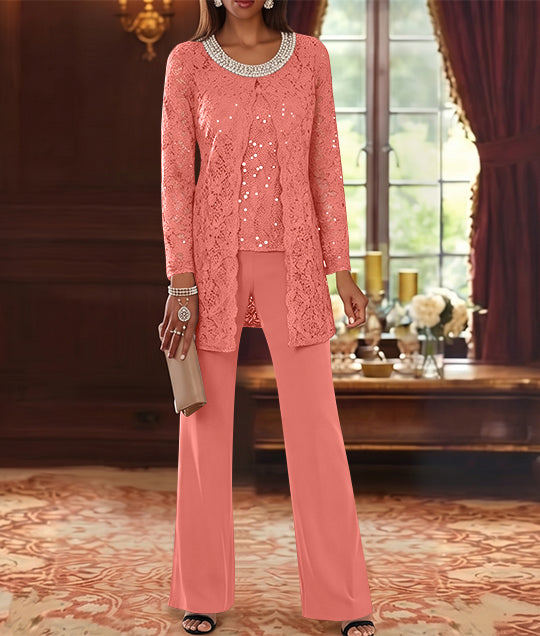 3 Pieces Chiffon Jewel Neck Mother of the Bride Pantsuits with Jacket Lace Ankle-Length Half Sleeves