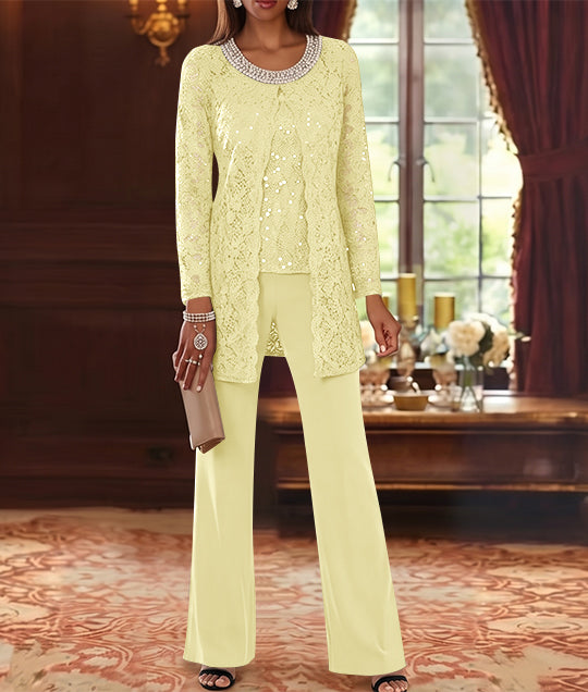 3 Pieces Chiffon Jewel Neck Mother of the Bride Pantsuits with Jacket Lace Ankle-Length Half Sleeves