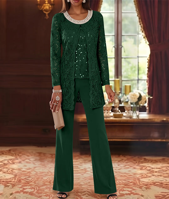 3 Pieces Chiffon Jewel Neck Mother of the Bride Pantsuits with Jacket Lace Ankle-Length Half Sleeves