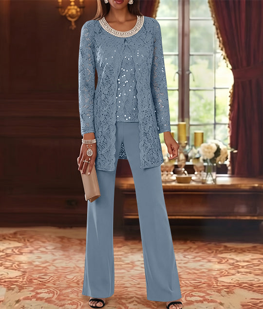 3 Pieces Chiffon Jewel Neck Mother of the Bride Pantsuits with Jacket Lace Ankle-Length Half Sleeves