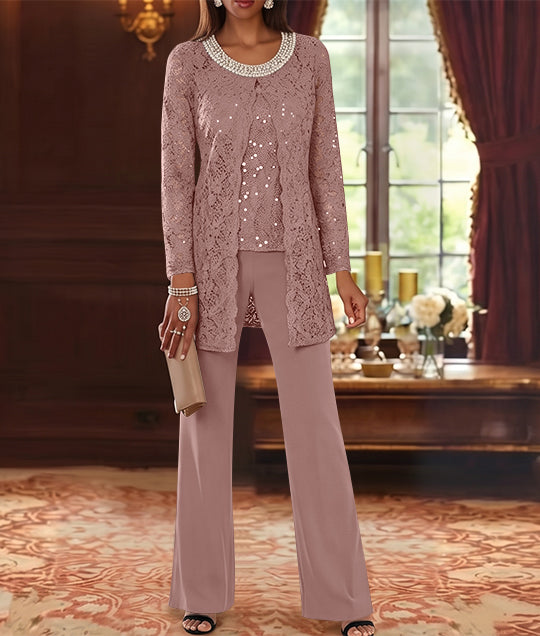 3 Pieces Chiffon Jewel Neck Mother of the Bride Pantsuits with Jacket Lace Ankle-Length Half Sleeves