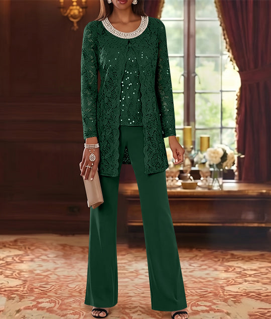 3 Pieces Chiffon Jewel Neck Mother of the Bride Pantsuits with Jacket Lace Ankle-Length Half Sleeves