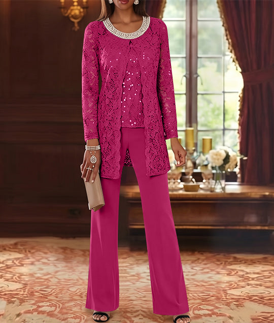 3 Pieces Chiffon Jewel Neck Mother of the Bride Pantsuits with Jacket Lace Ankle-Length Half Sleeves