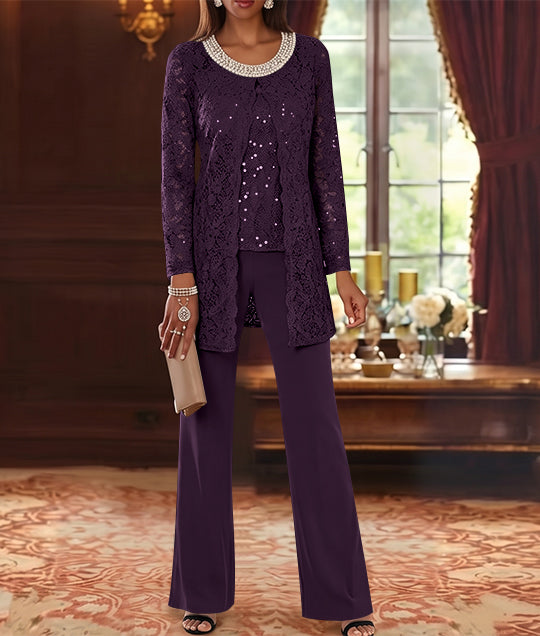 3 Pieces Chiffon Jewel Neck Mother of the Bride Pantsuits with Jacket Lace Ankle-Length Half Sleeves