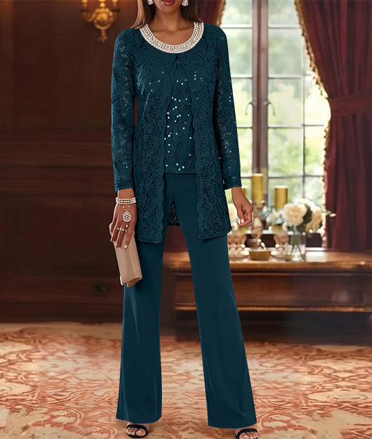 3 Pieces Chiffon Jewel Neck Mother of the Bride Pantsuits with Jacket Lace Ankle-Length Half Sleeves