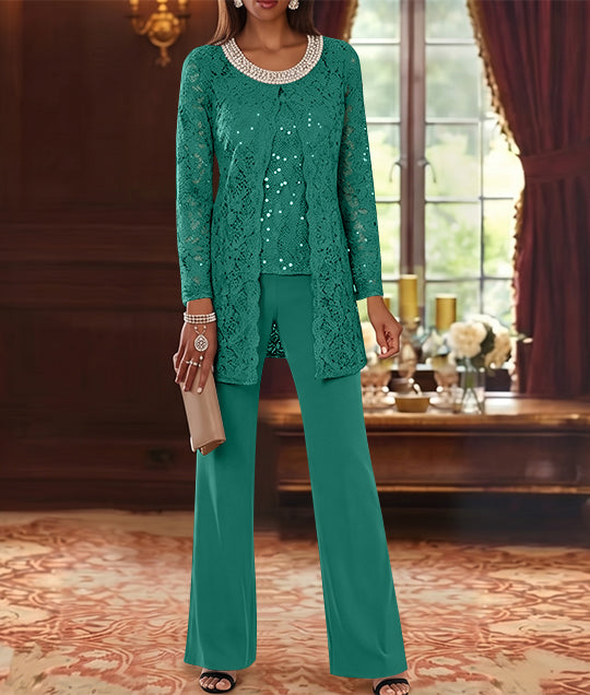 3 Pieces Chiffon Jewel Neck Mother of the Bride Pantsuits with Jacket Lace Ankle-Length Half Sleeves