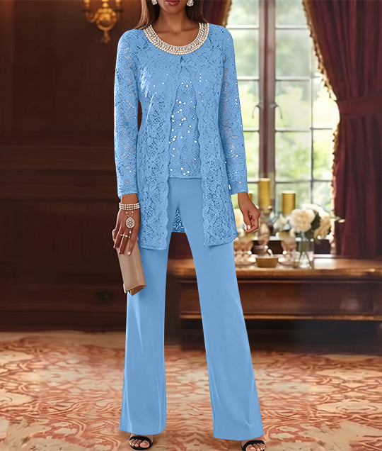 3 Pieces Chiffon Jewel Neck Mother of the Bride Pantsuits with Jacket Lace Ankle-Length Half Sleeves