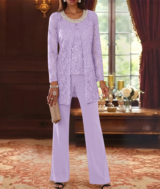 3 Pieces Chiffon Jewel Neck Mother of the Bride Pantsuits with Jacket Lace Ankle-Length Half Sleeves