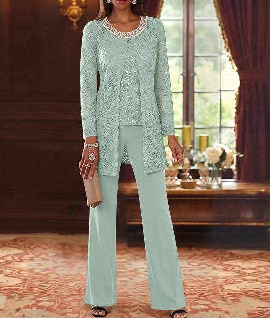 3 Pieces Chiffon Jewel Neck Mother of the Bride Pantsuits with Jacket Lace Ankle-Length Half Sleeves