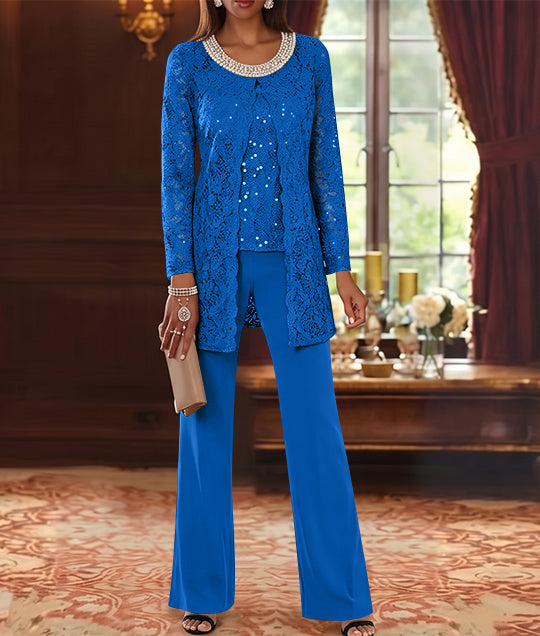 3 Pieces Chiffon Jewel Neck Mother of the Bride Pantsuits with Jacket Lace Ankle-Length Half Sleeves