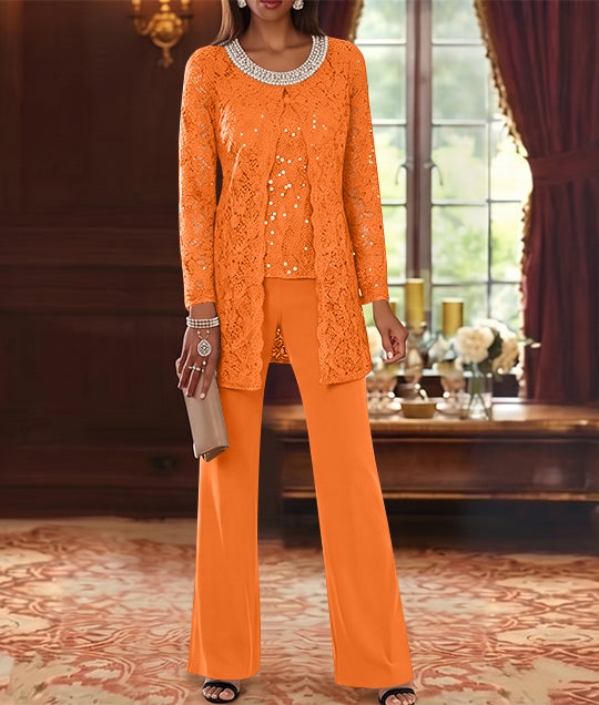3 Pieces Chiffon Jewel Neck Mother of the Bride Pantsuits with Jacket Lace Ankle-Length Half Sleeves