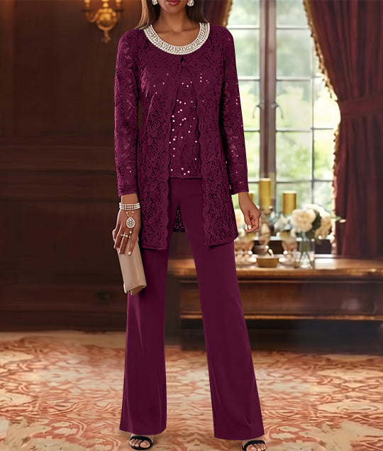 3 Pieces Chiffon Jewel Neck Mother of the Bride Pantsuits with Jacket Lace Ankle-Length Half Sleeves