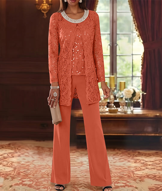 3 Pieces Chiffon Jewel Neck Mother of the Bride Pantsuits with Jacket Lace Ankle-Length Half Sleeves