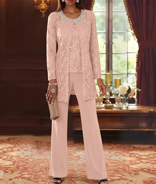 3 Pieces Chiffon Jewel Neck Mother of the Bride Pantsuits with Jacket Lace Ankle-Length Half Sleeves