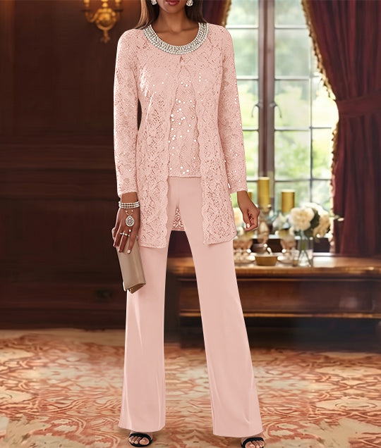 3 Pieces Chiffon Jewel Neck Mother of the Bride Pantsuits with Jacket Lace Ankle-Length Half Sleeves
