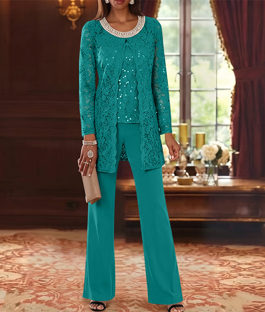 3 Pieces Chiffon Jewel Neck Mother of the Bride Pantsuits with Jacket Lace Ankle-Length Half Sleeves
