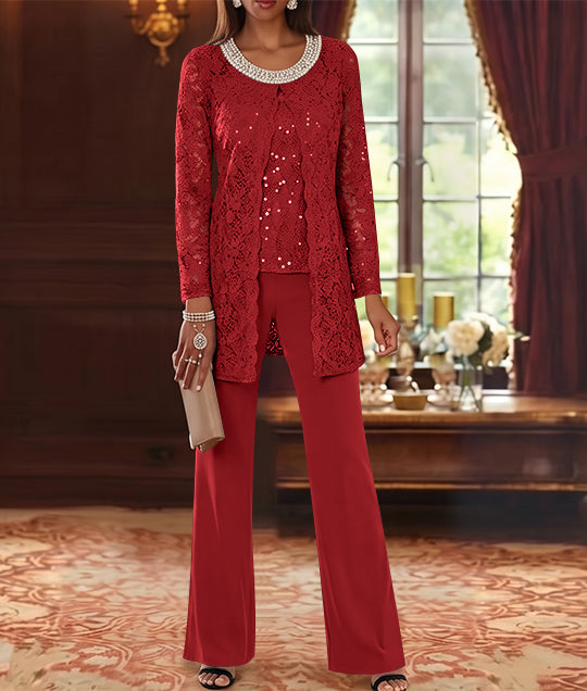 3 Pieces Chiffon Jewel Neck Mother of the Bride Pantsuits with Jacket Lace Ankle-Length Half Sleeves