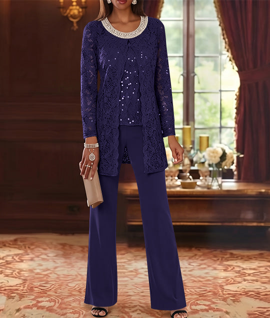 3 Pieces Chiffon Jewel Neck Mother of the Bride Pantsuits with Jacket Lace Ankle-Length Half Sleeves