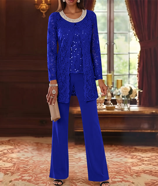 3 Pieces Chiffon Jewel Neck Mother of the Bride Pantsuits with Jacket Lace Ankle-Length Half Sleeves