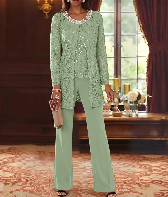 3 Pieces Chiffon Jewel Neck Mother of the Bride Pantsuits with Jacket Lace Ankle-Length Half Sleeves