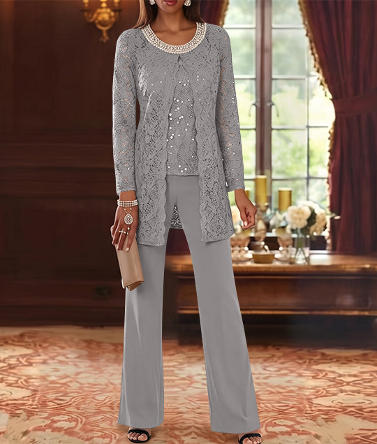 3 Pieces Chiffon Jewel Neck Mother of the Bride Pantsuits with Jacket Lace Ankle-Length Half Sleeves