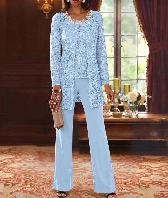 3 Pieces Chiffon Jewel Neck Mother of the Bride Pantsuits with Jacket Lace Ankle-Length Half Sleeves