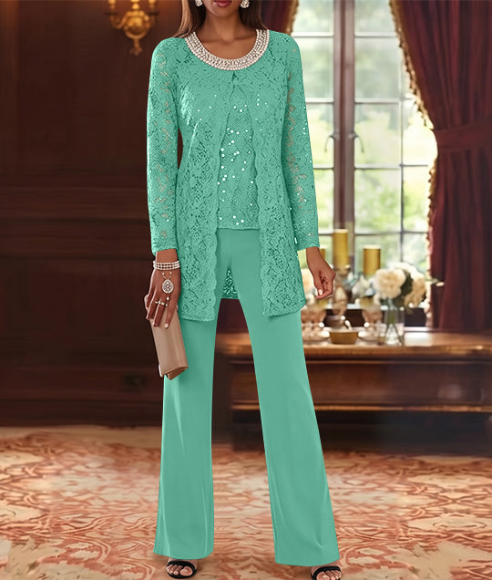 3 Pieces Chiffon Jewel Neck Mother of the Bride Pantsuits with Jacket Lace Ankle-Length Half Sleeves