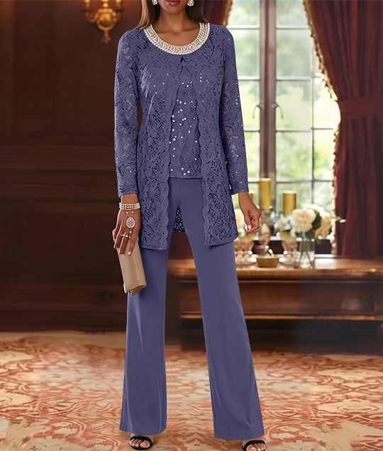 3 Pieces Chiffon Jewel Neck Mother of the Bride Pantsuits with Jacket Lace Ankle-Length Half Sleeves