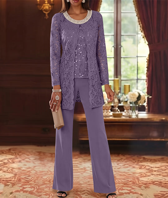 3 Pieces Chiffon Jewel Neck Mother of the Bride Pantsuits with Jacket Lace Ankle-Length Half Sleeves